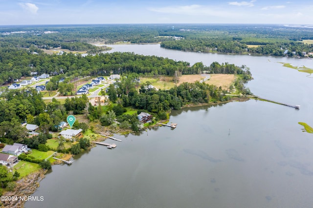 birds eye view of property with a forest view and a water view