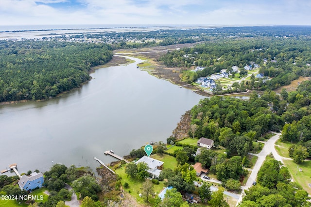 aerial view featuring a water view and a wooded view