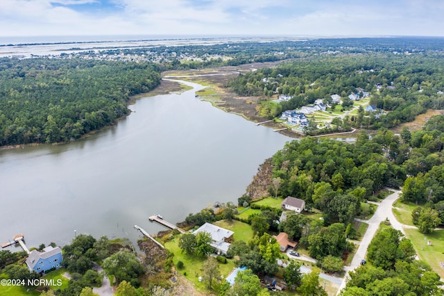 drone / aerial view with a forest view and a water view