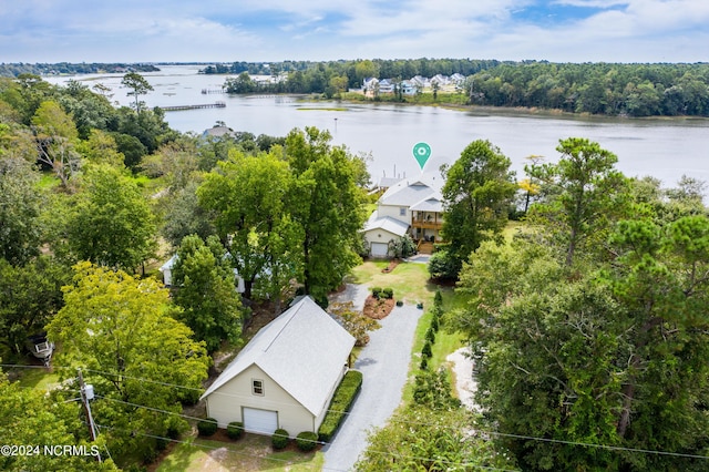 birds eye view of property featuring a water view