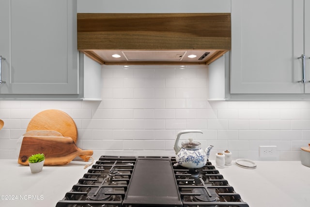 room details with tasteful backsplash, stainless steel stove, and premium range hood