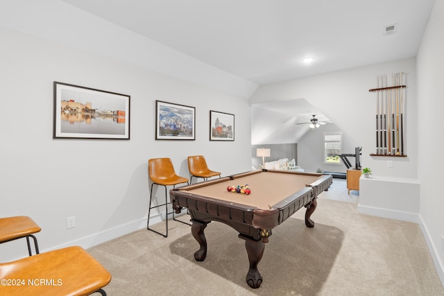 playroom with pool table, light carpet, ceiling fan, and vaulted ceiling