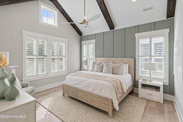 951 Trisail Ter, Wilmington, NC 28412 - bedroom with beamed ceiling, light wood finished floors, high vaulted ceiling, and a ceiling fan