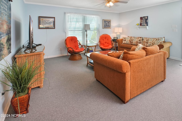 carpeted living room featuring crown molding and ceiling fan