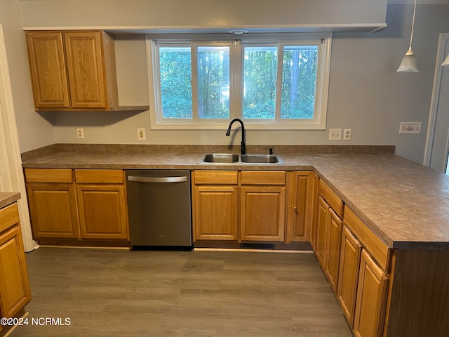 kitchen with dishwasher, dark wood-type flooring, decorative light fixtures, and sink