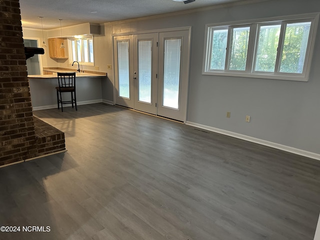 unfurnished living room with ornamental molding, a textured ceiling, sink, and dark wood-type flooring