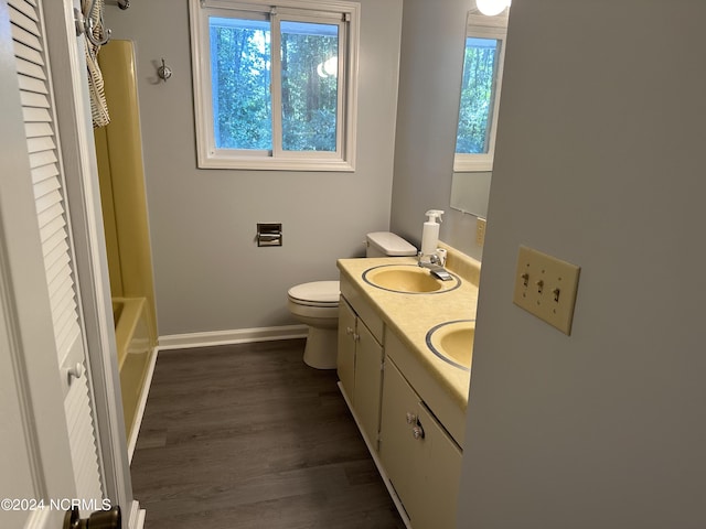 bathroom with wood-type flooring, a bathtub, vanity, and toilet