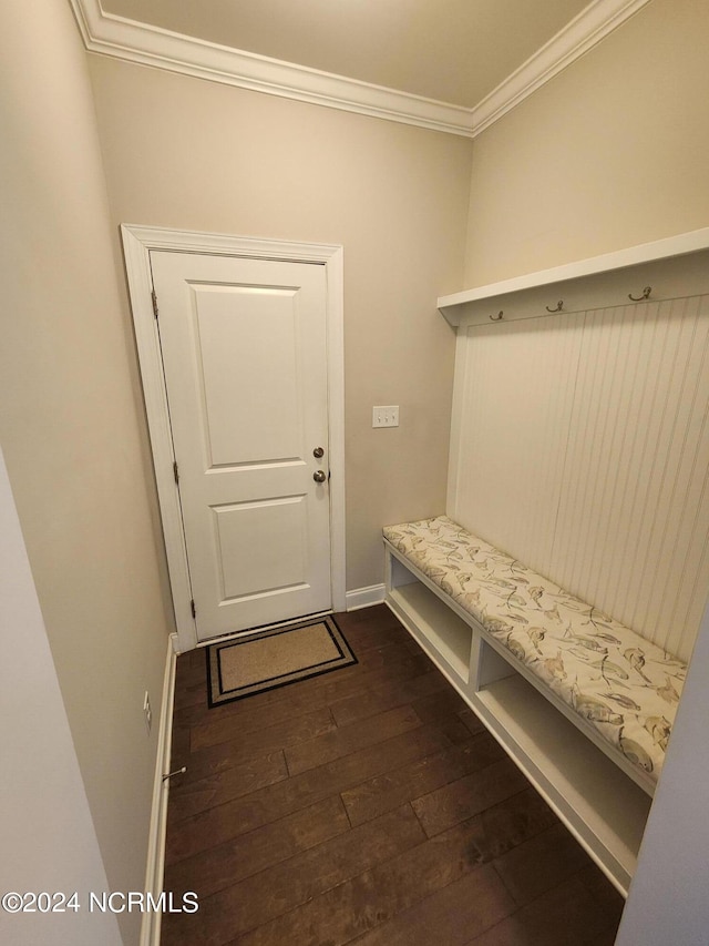 mudroom featuring dark wood-type flooring and crown molding