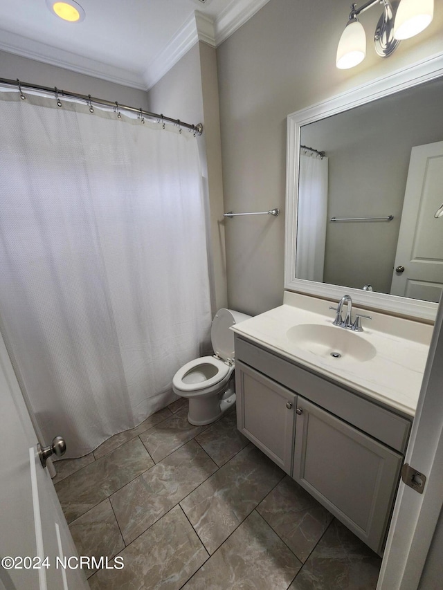 bathroom with ornamental molding, vanity, toilet, and a shower with shower curtain