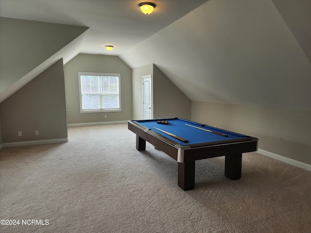 recreation room with carpet flooring, lofted ceiling, and billiards