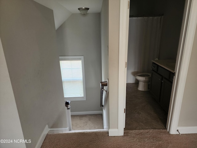 bathroom with vanity, lofted ceiling, and toilet