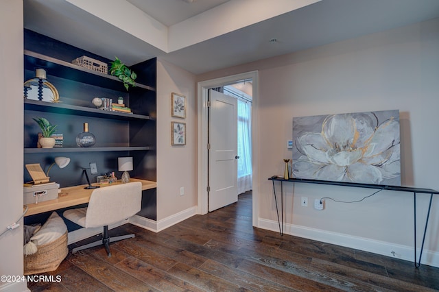 office featuring built in shelves and dark hardwood / wood-style flooring