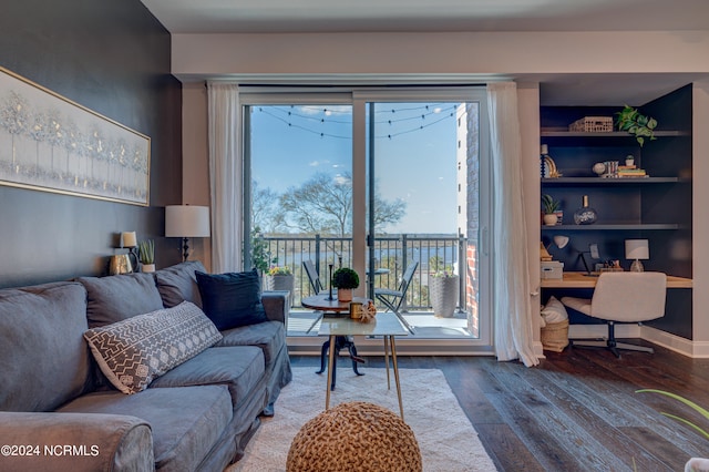 living room with built in shelves, plenty of natural light, and hardwood / wood-style floors