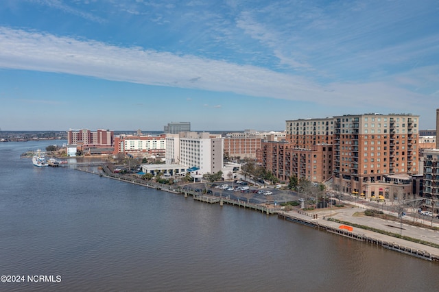 aerial view featuring a water view