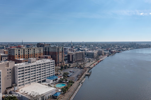 drone / aerial view featuring a water view