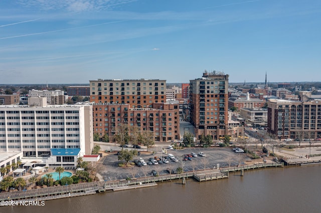 aerial view featuring a water view