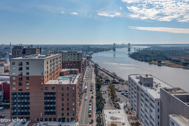 aerial view featuring a water view