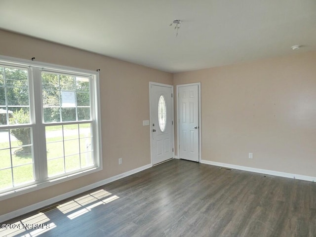 entryway with dark wood-type flooring and a healthy amount of sunlight