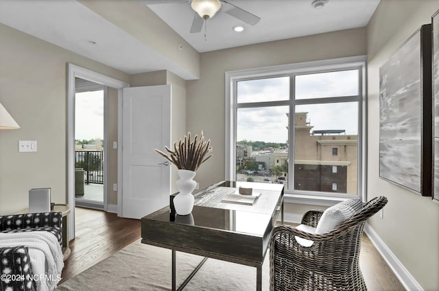 office area with a wealth of natural light, wood finished floors, and ceiling fan