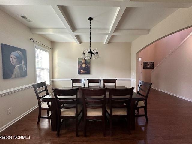 dining area with a chandelier, beam ceiling, dark wood-type flooring, and coffered ceiling