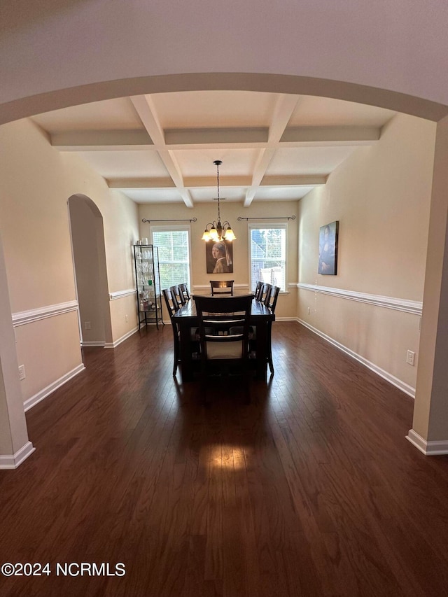 dining room featuring beam ceiling, coffered ceiling, dark hardwood / wood-style floors, and a notable chandelier