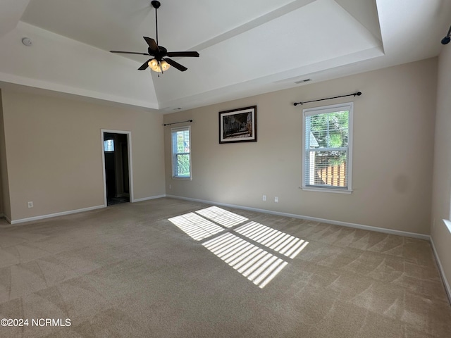 spare room featuring a raised ceiling, ceiling fan, and a healthy amount of sunlight