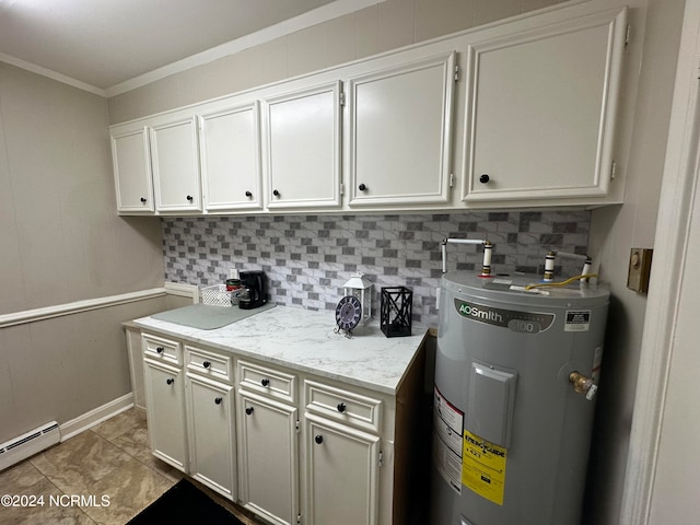 interior space featuring a baseboard radiator, light tile patterned floors, electric water heater, and ornamental molding