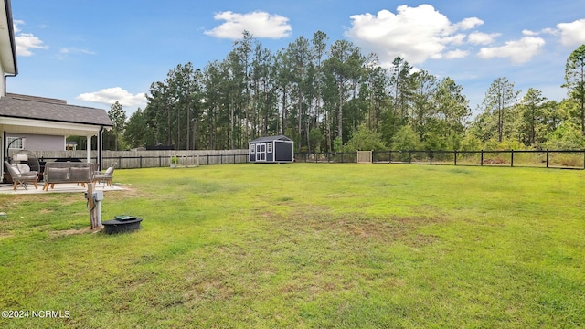 view of yard featuring a storage shed and a patio