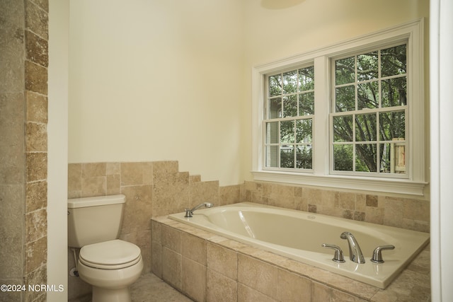 bathroom featuring toilet, tile walls, and a bath