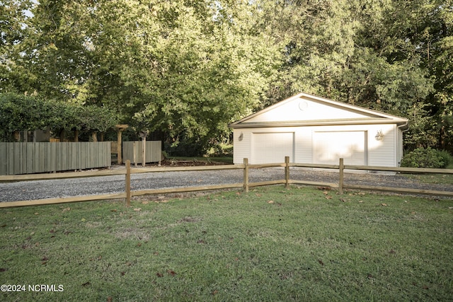 view of yard with fence, a detached garage, and an outdoor structure