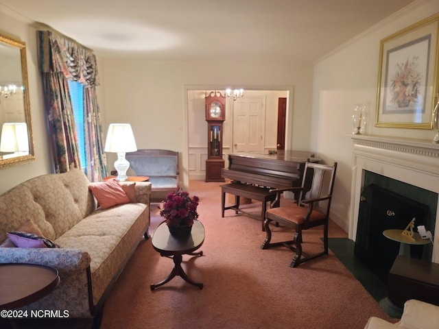 sitting room featuring carpet flooring, ornamental molding, and a chandelier