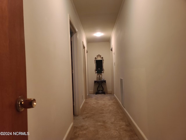 corridor with ornamental molding and light carpet