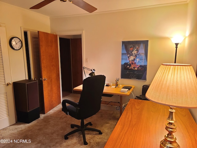 carpeted office space featuring crown molding and ceiling fan