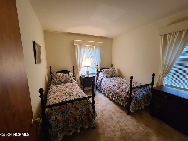 bedroom with crown molding and light colored carpet