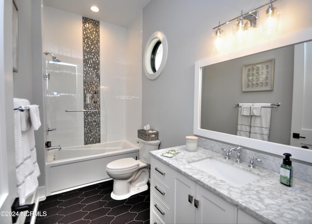 full bathroom featuring shower / bathing tub combination, vanity, toilet, and tile patterned floors