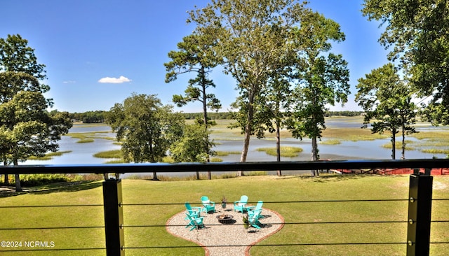 view of home's community featuring a lawn and a water view