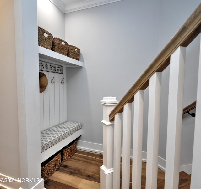 mudroom with hardwood / wood-style floors and ornamental molding