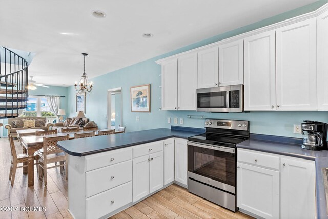 kitchen featuring light wood-type flooring, kitchen peninsula, white cabinetry, and stainless steel appliances