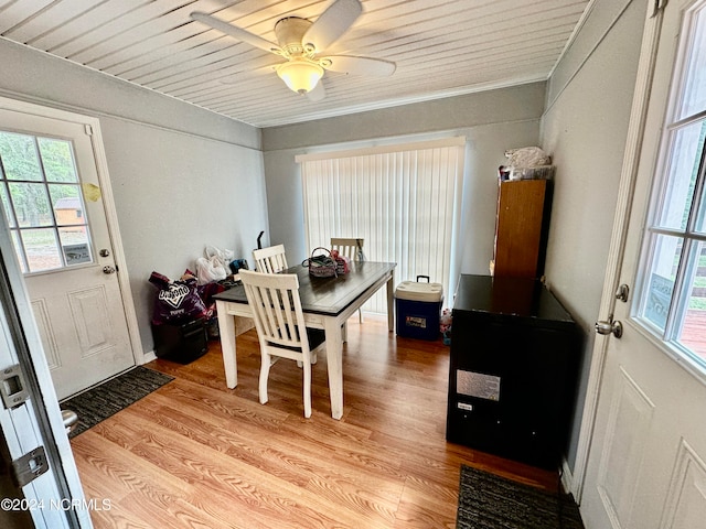 dining space featuring ornamental molding, wood ceiling, light hardwood / wood-style floors, and ceiling fan