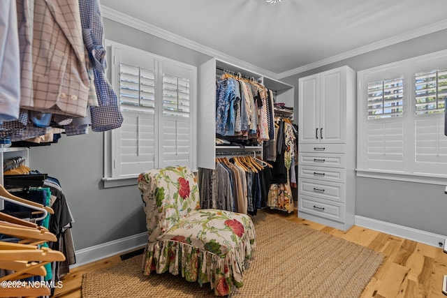 walk in closet with light wood-type flooring