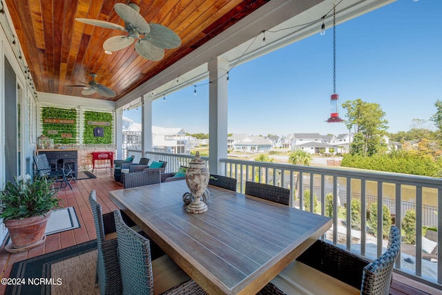 sunroom / solarium with ceiling fan and wooden ceiling