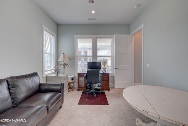 view of carpeted home office