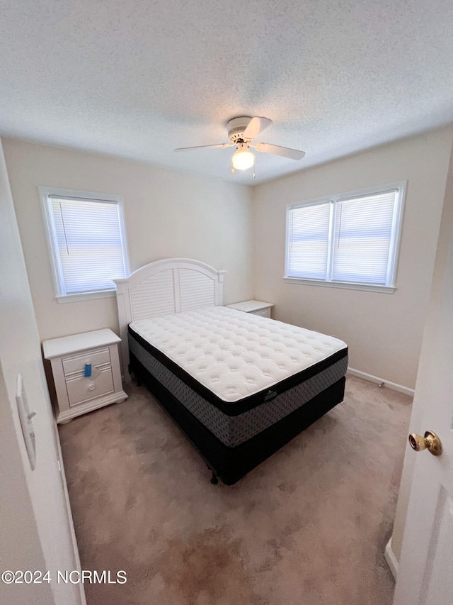 bedroom featuring ceiling fan, carpet floors, and multiple windows