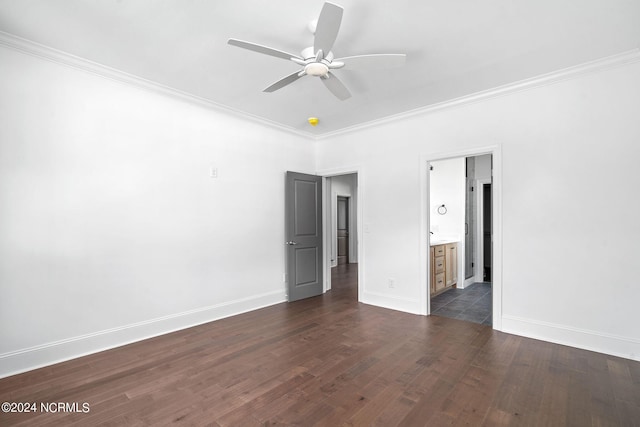 141 Sycamore Lakes Dr, Wallace, NC 28466 - unfurnished bedroom with ornamental molding, baseboards, dark wood-style flooring, ceiling fan, and ensuite bathroom