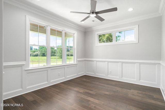 141 Sycamore Lakes Dr, Wallace, NC 28466 - spare room featuring dark wood-style flooring, a ceiling fan, wainscoting, crown molding, and a decorative wall