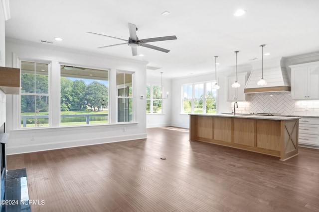 kitchen with white cabinets, plenty of natural light, an island with sink, and dark wood-type flooring