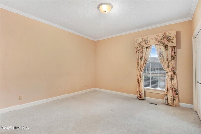 carpeted spare room featuring crown molding and a textured ceiling