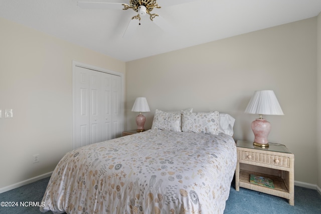 bedroom with dark carpet, a closet, and ceiling fan