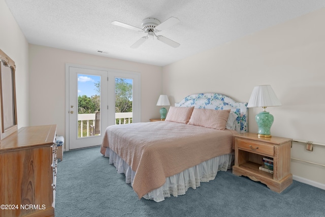 bedroom featuring a textured ceiling, carpet, ceiling fan, and access to outside