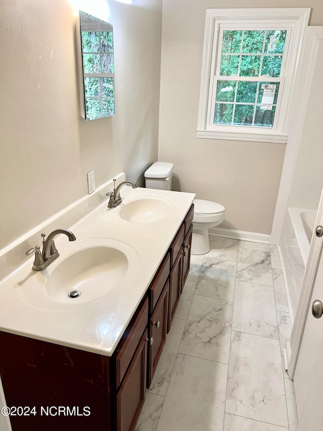 bathroom featuring vanity, toilet, and a bath